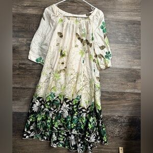 Vanessa Virginia by Anthropologie Cream and Green Floral Long Sleeve Dress